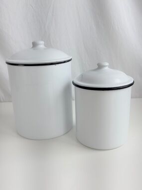 2 Piece Canister Set Vintage Inspired White & Enamel Black Rim Round Tin Storage
